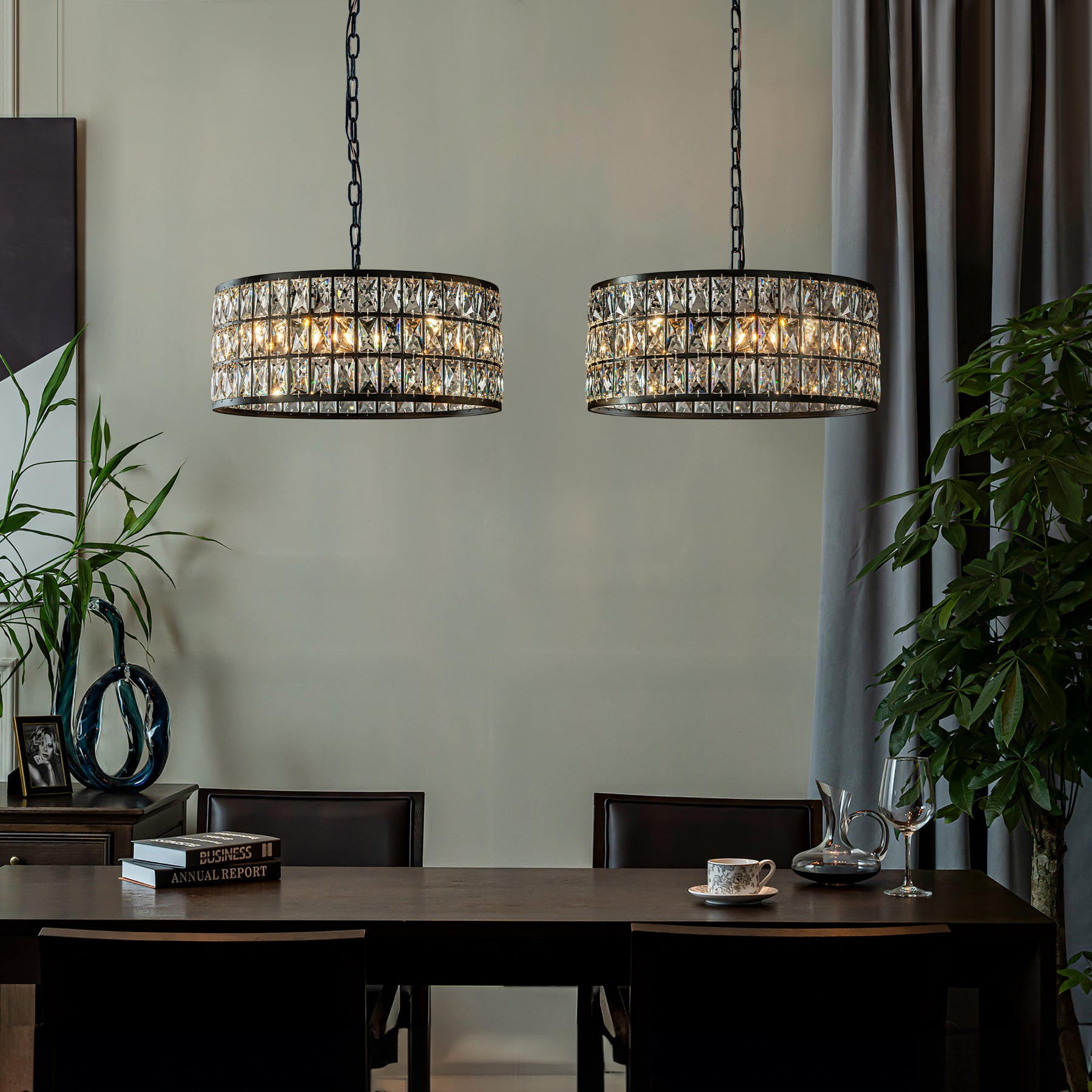 20" Modern Crystal Chandelier Matte Black Finish 6-Light Round Drum Pendant Light Fixture for Dining Room Kitchen