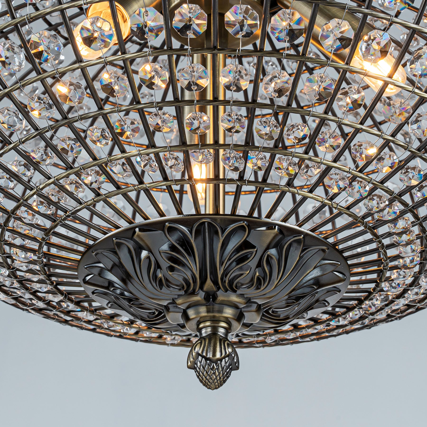 17" Wide 3-Light Retro French Handcrafted Bird Cage Crystal Chandelier in Antique Bronze With Vintage Patina Dimmable