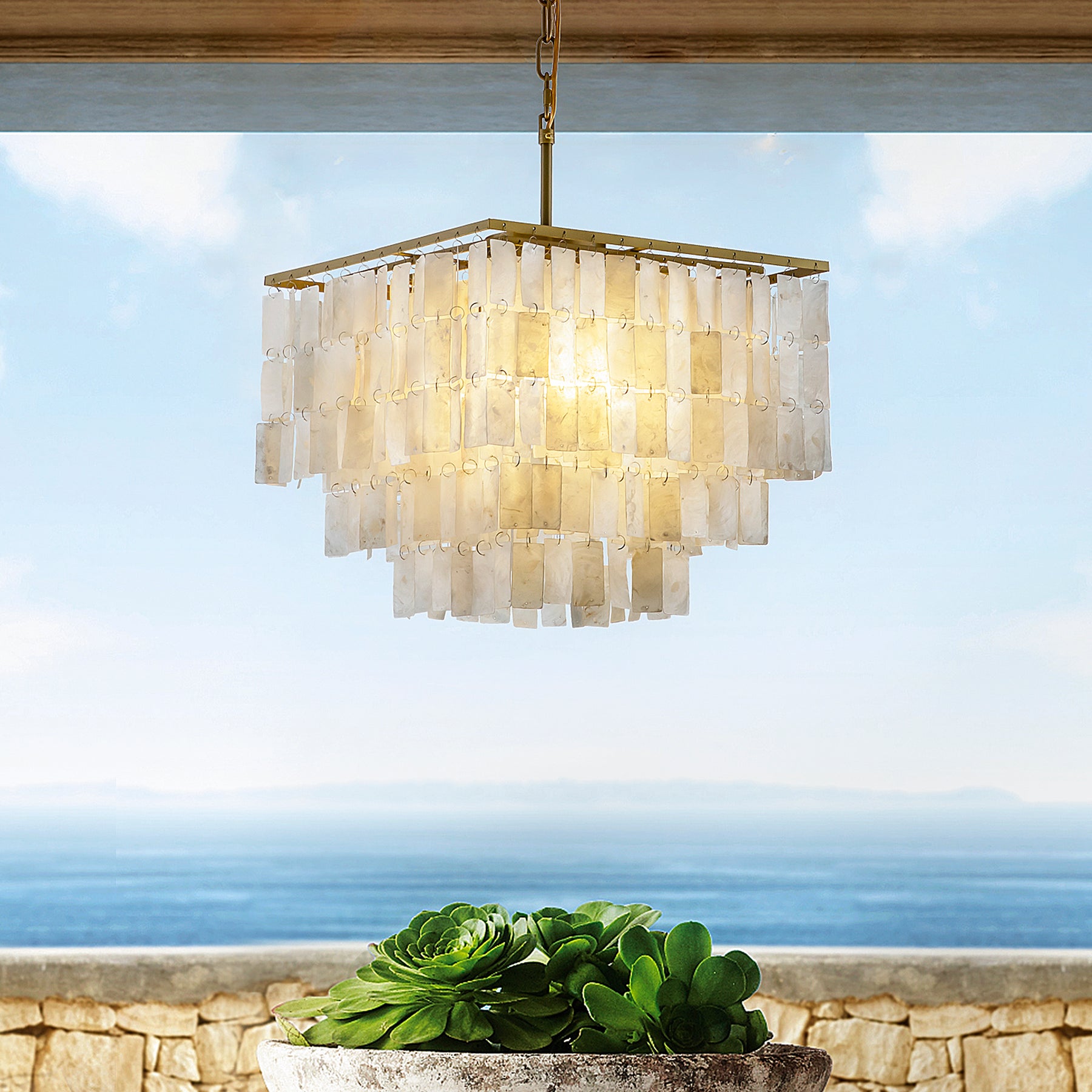 OpenBox 3-Light Coastal Natural Capiz Shell Tiered Chandelier With Square Antique Gold Frame