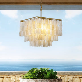 OpenBox 3-Light Coastal Natural Capiz Shell Tiered Chandelier With Square Antique Gold Frame