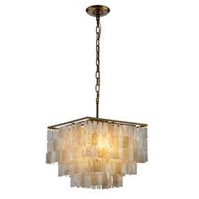OpenBox 3-Light Coastal Natural Capiz Shell Tiered Chandelier With Square Antique Gold Frame