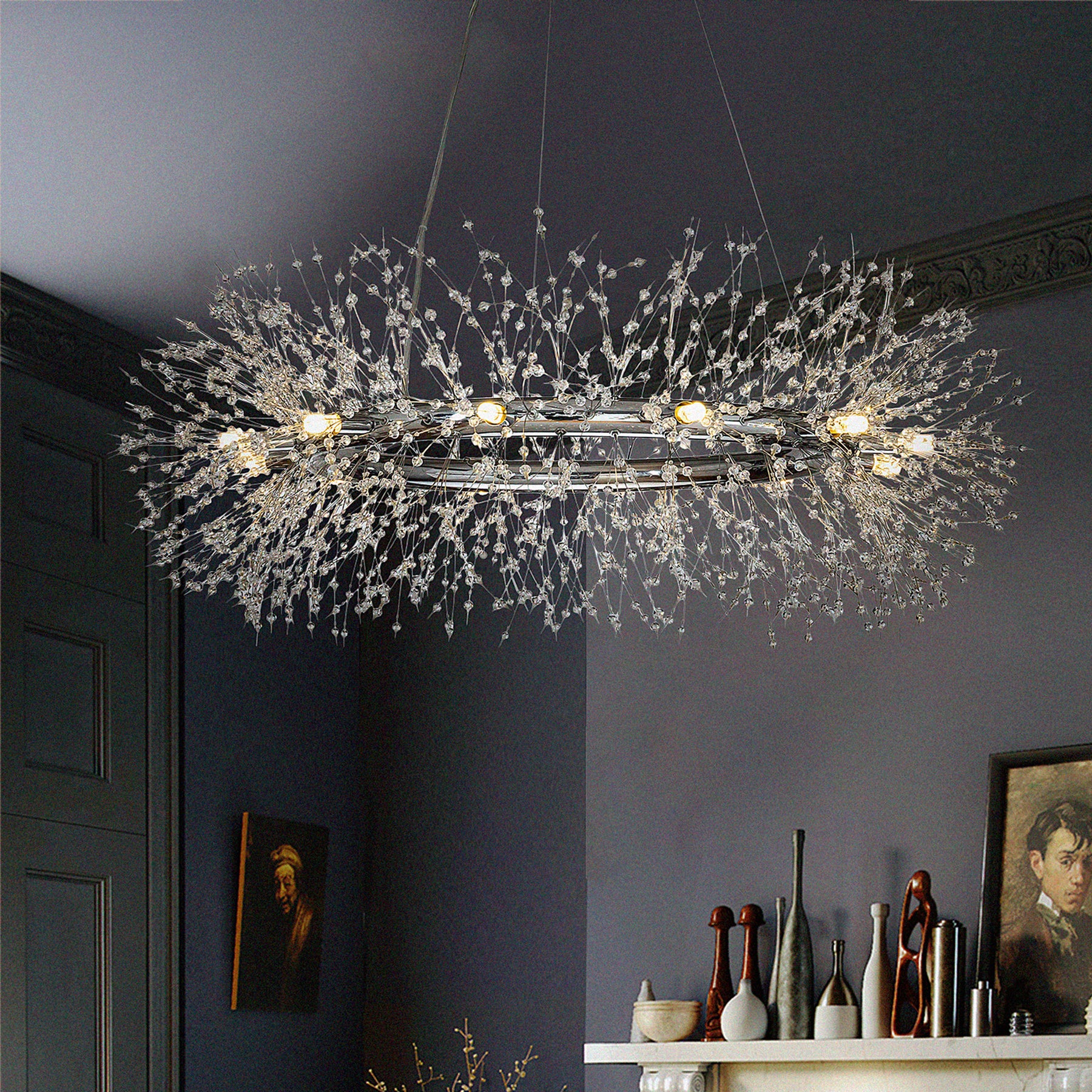 OpenBox Interior Décor Stainless Steel  Crystal Firework Chandelier  12-lights Round Pendant Ceiling Lighting in Chrome