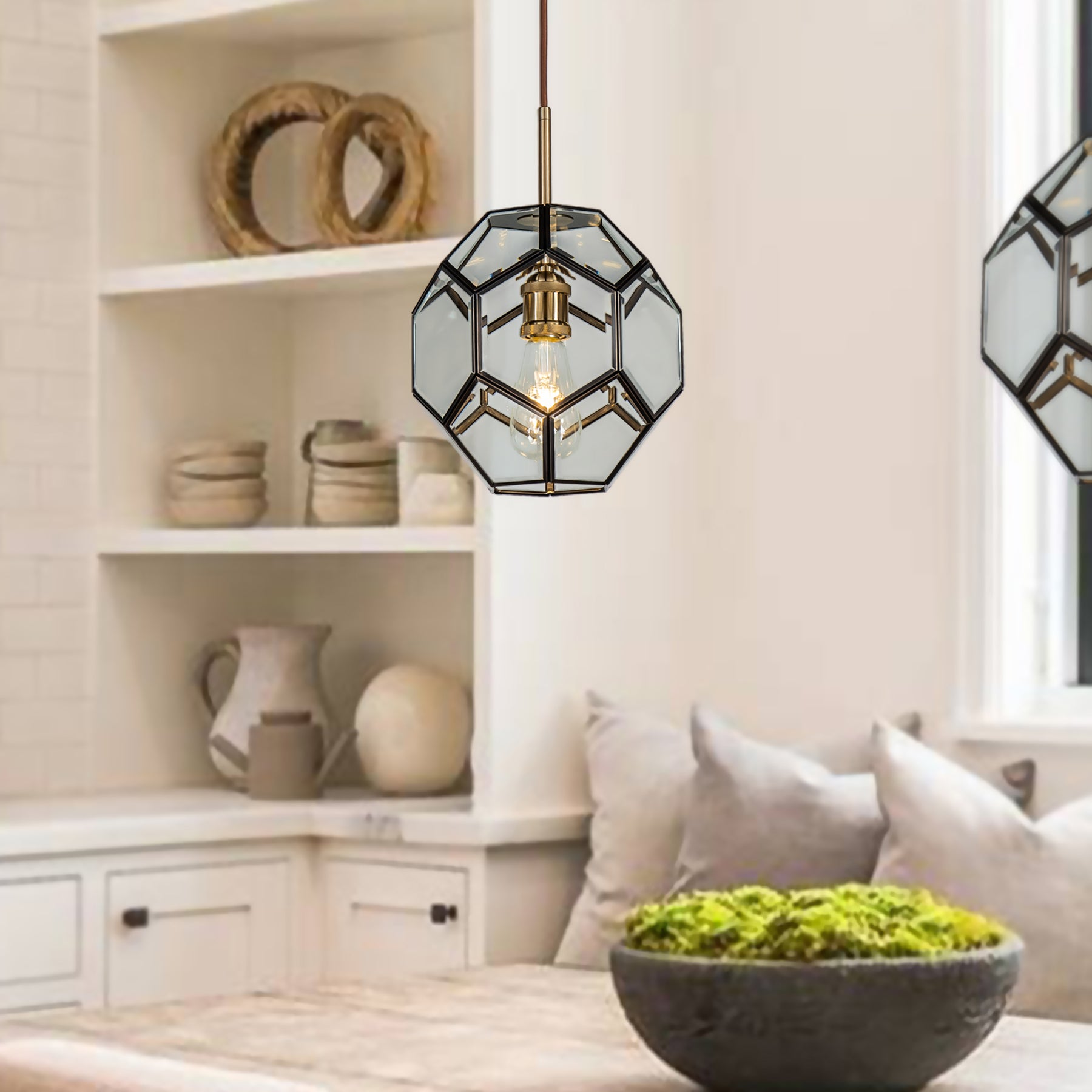 OPEN BOX- 1 Light Antique Brown Industrial Pendant Light with Geometric Glass
