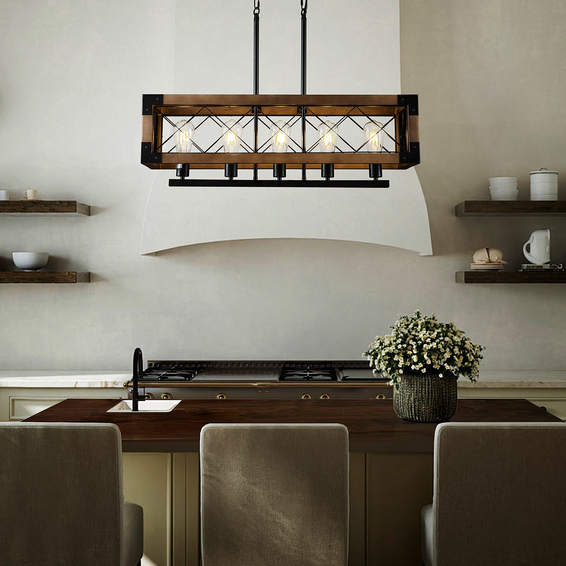 OpenBox 5-Light Farmhouse Square/Rectangle Kitchen Island Chandelier with Solid Wood Accent