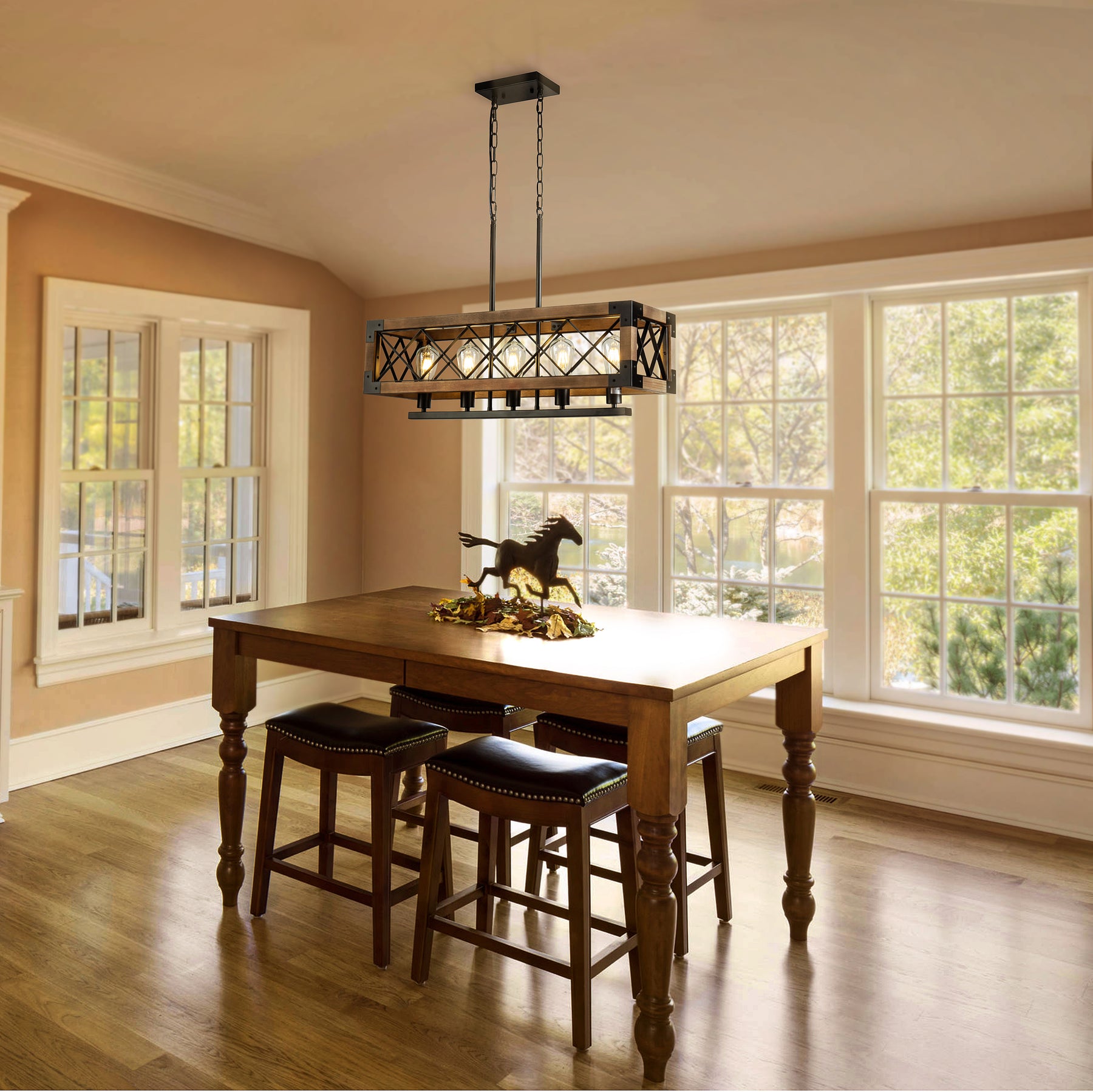 OpenBox 5-Light Farmhouse Square/Rectangle Kitchen Island Chandelier with Solid Wood Accent
