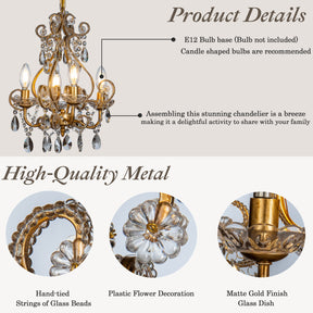 4-Lights Antique Gold Candlestick Chandelier 13In. Pendant Light With Crystal Teardrop Beads