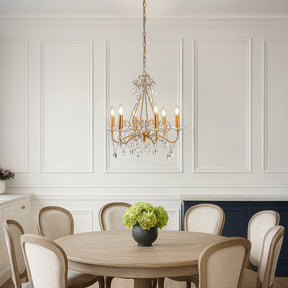 6-Lights Antique Gold Classic Candlestick Chandelier 22'' Mid-century French Style Pendant Light with Crystal Teardrop Beads