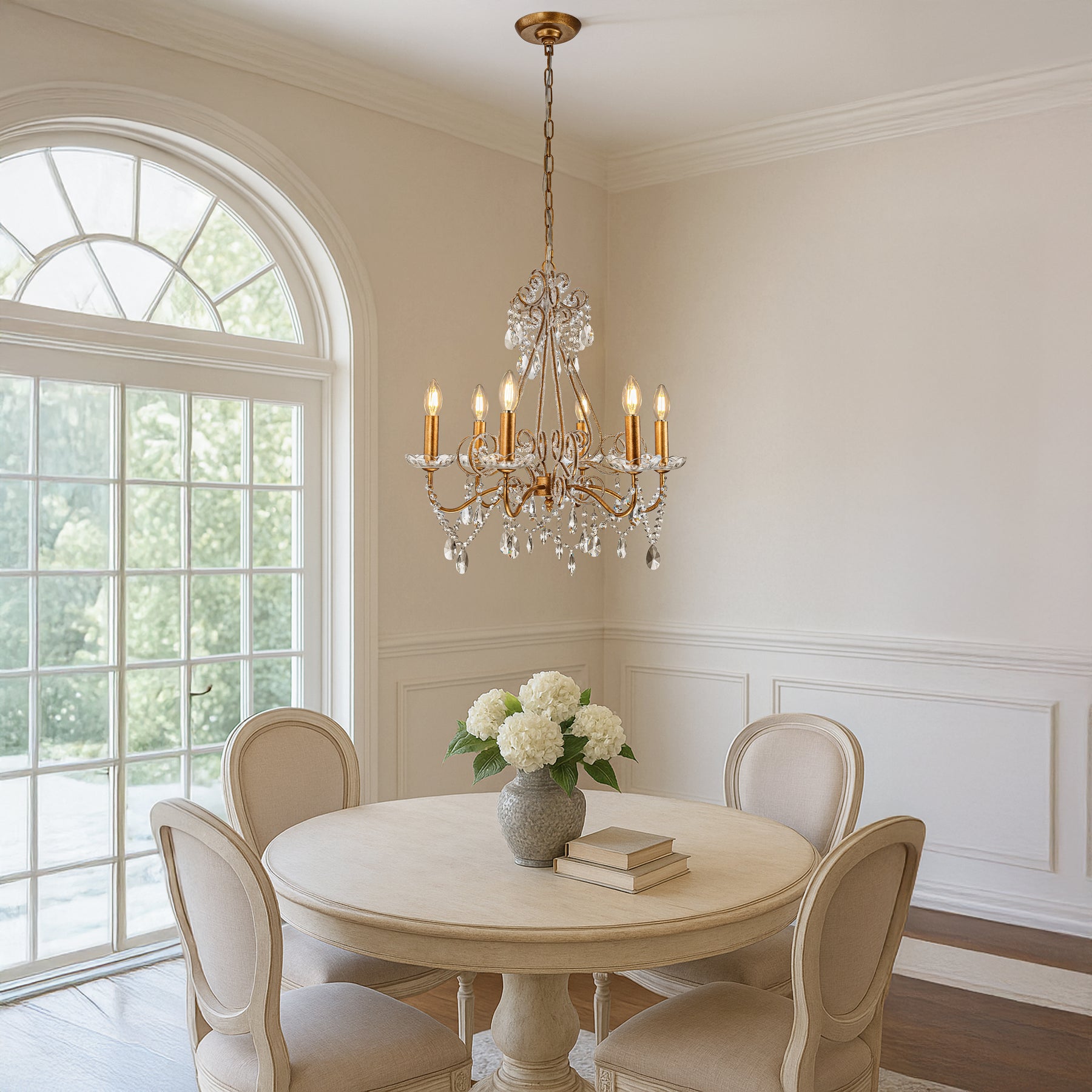 6-Lights Antique Gold Classic Candlestick Chandelier 22'' Mid-century French Style Pendant Light with Crystal Teardrop Beads