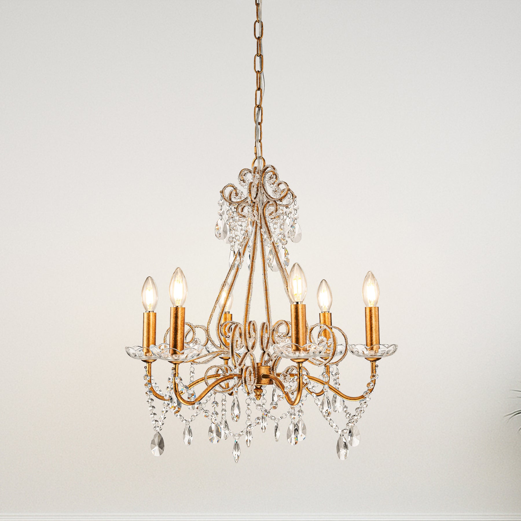 6-Lights Antique Gold Classic Candlestick Chandelier 22'' Mid-century French Style Pendant Light with Crystal Teardrop Beads