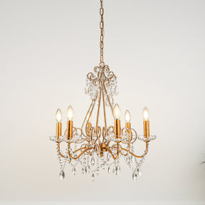 6-Lights Antique Gold Classic Candlestick Chandelier 22'' Mid-century French Style Pendant Light with Crystal Teardrop Beads
