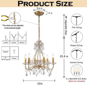 6-Lights Antique Gold Classic Candlestick Chandelier 22'' Mid-century French Style Pendant Light with Crystal Teardrop Beads