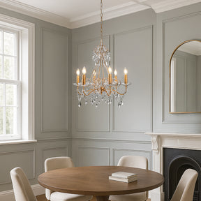 6-Lights Antique Gold Classic Candlestick Chandelier 22'' Mid-century French Style Pendant Light with Crystal Teardrop Beads