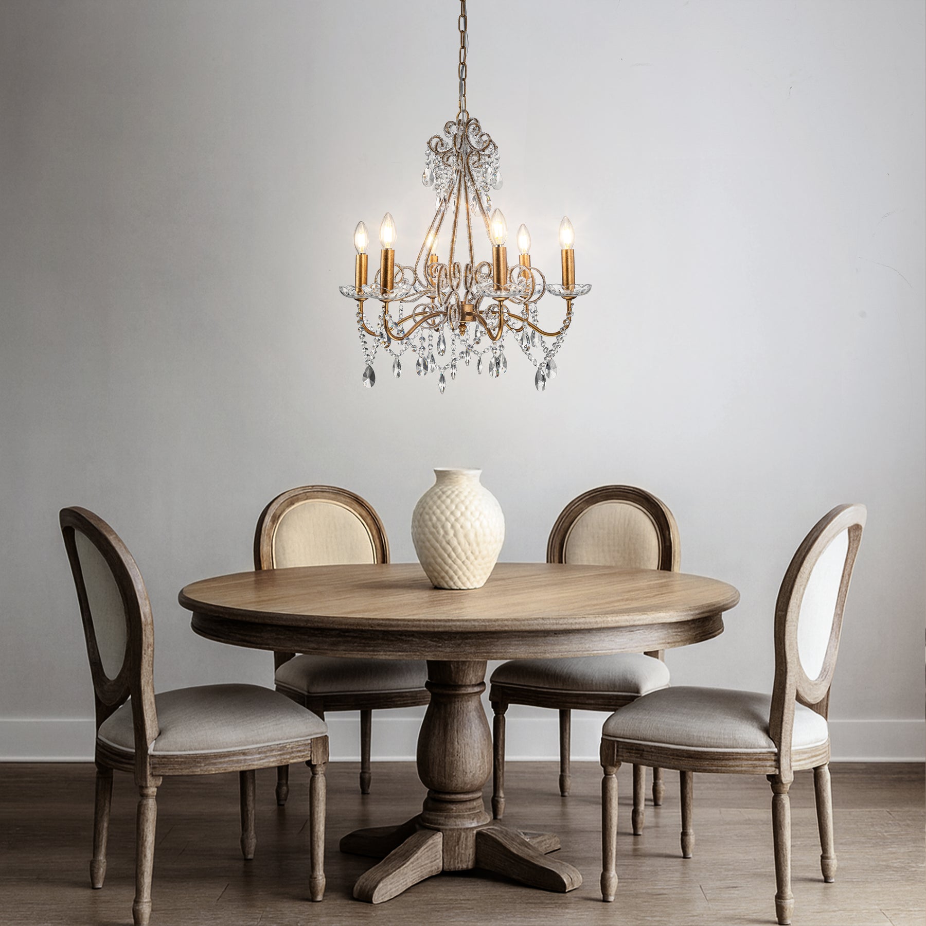 6-Lights Antique Gold Classic Candlestick Chandelier 22'' Mid-century French Style Pendant Light with Crystal Teardrop Beads