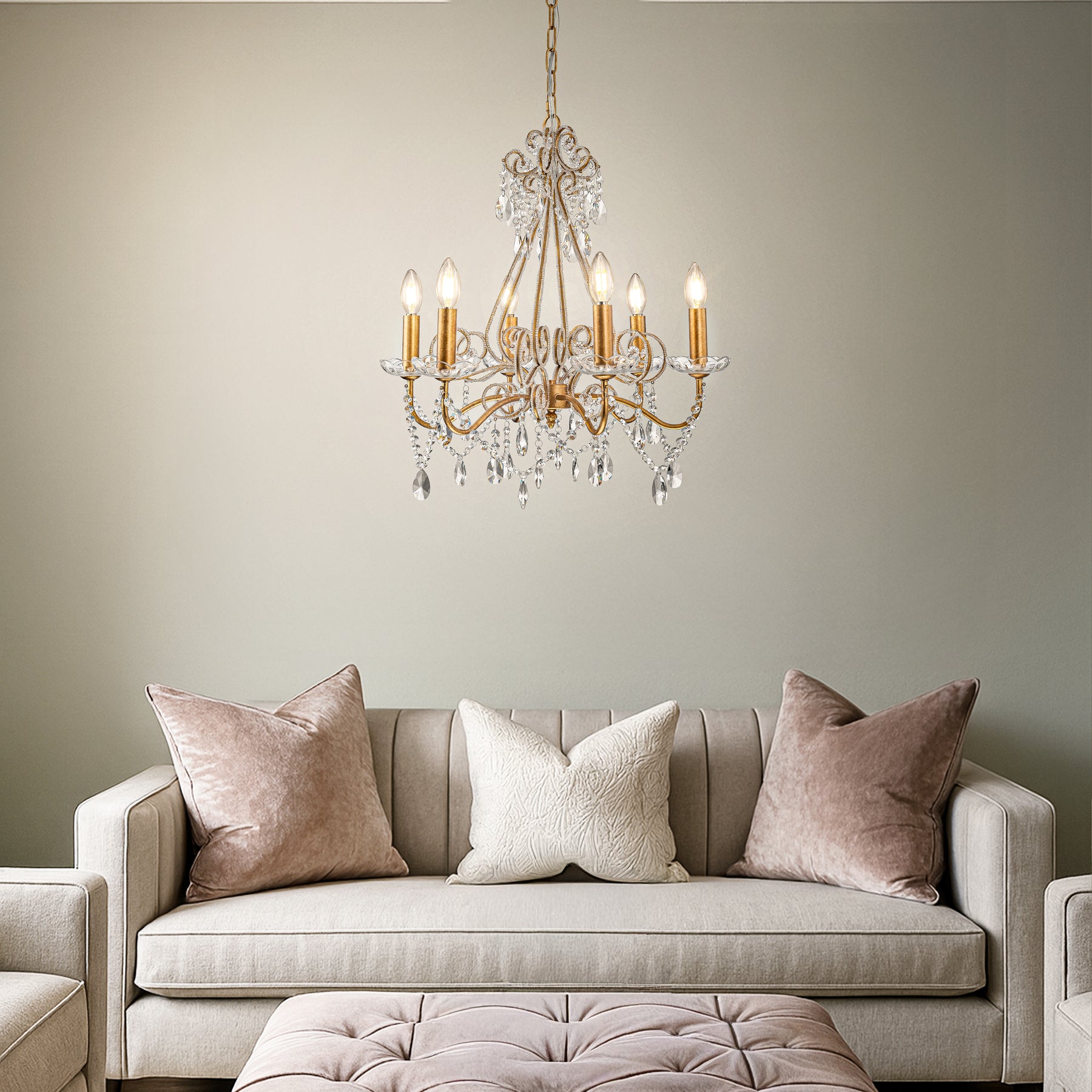 6-Lights Antique Gold Classic Candlestick Chandelier 22'' Mid-century French Style Pendant Light with Crystal Teardrop Beads