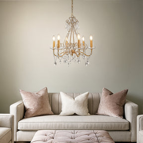 6-Lights Antique Gold Classic Candlestick Chandelier 22'' Mid-century French Style Pendant Light with Crystal Teardrop Beads