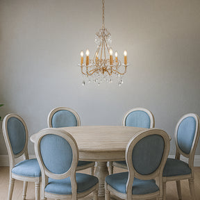 6-Lights Antique Gold Classic Candlestick Chandelier 22'' Mid-century French Style Pendant Light with Crystal Teardrop Beads