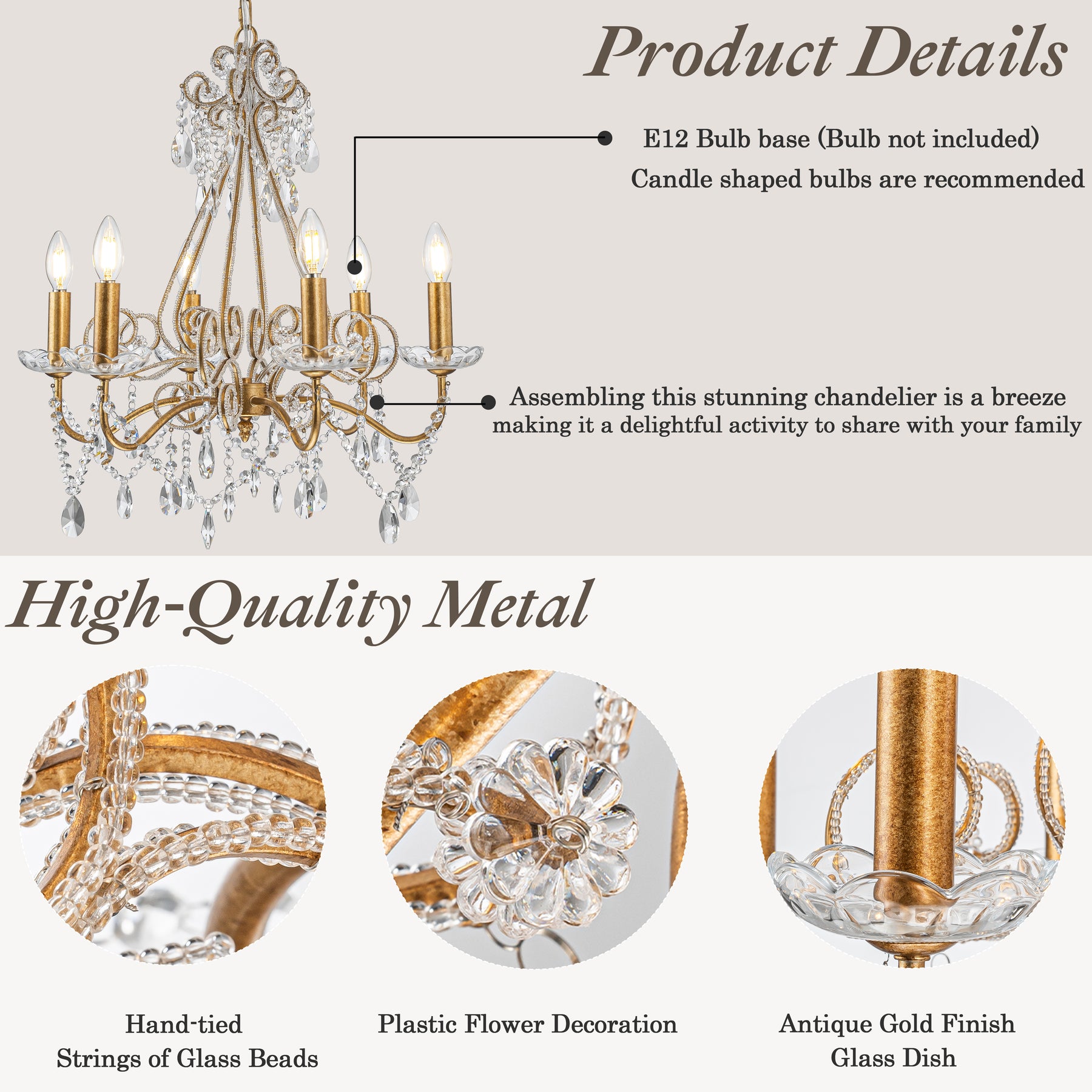 6-Lights Antique Gold Classic Candlestick Chandelier 22'' Mid-century French Style Pendant Light with Crystal Teardrop Beads