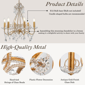 6-Lights Antique Gold Classic Candlestick Chandelier 22'' Mid-century French Style Pendant Light with Crystal Teardrop Beads