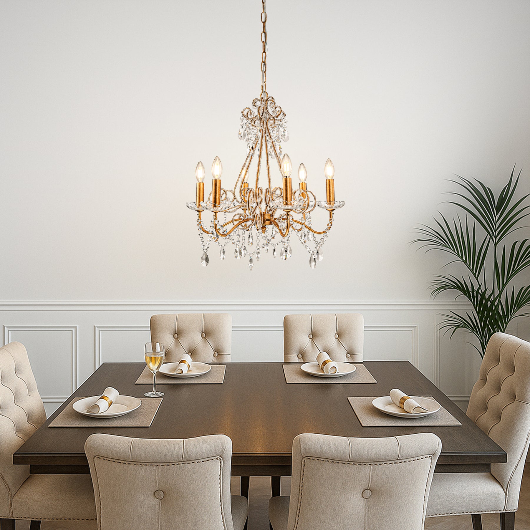 6-Lights Antique Gold Classic Candlestick Chandelier 22'' Mid-century French Style Pendant Light with Crystal Teardrop Beads