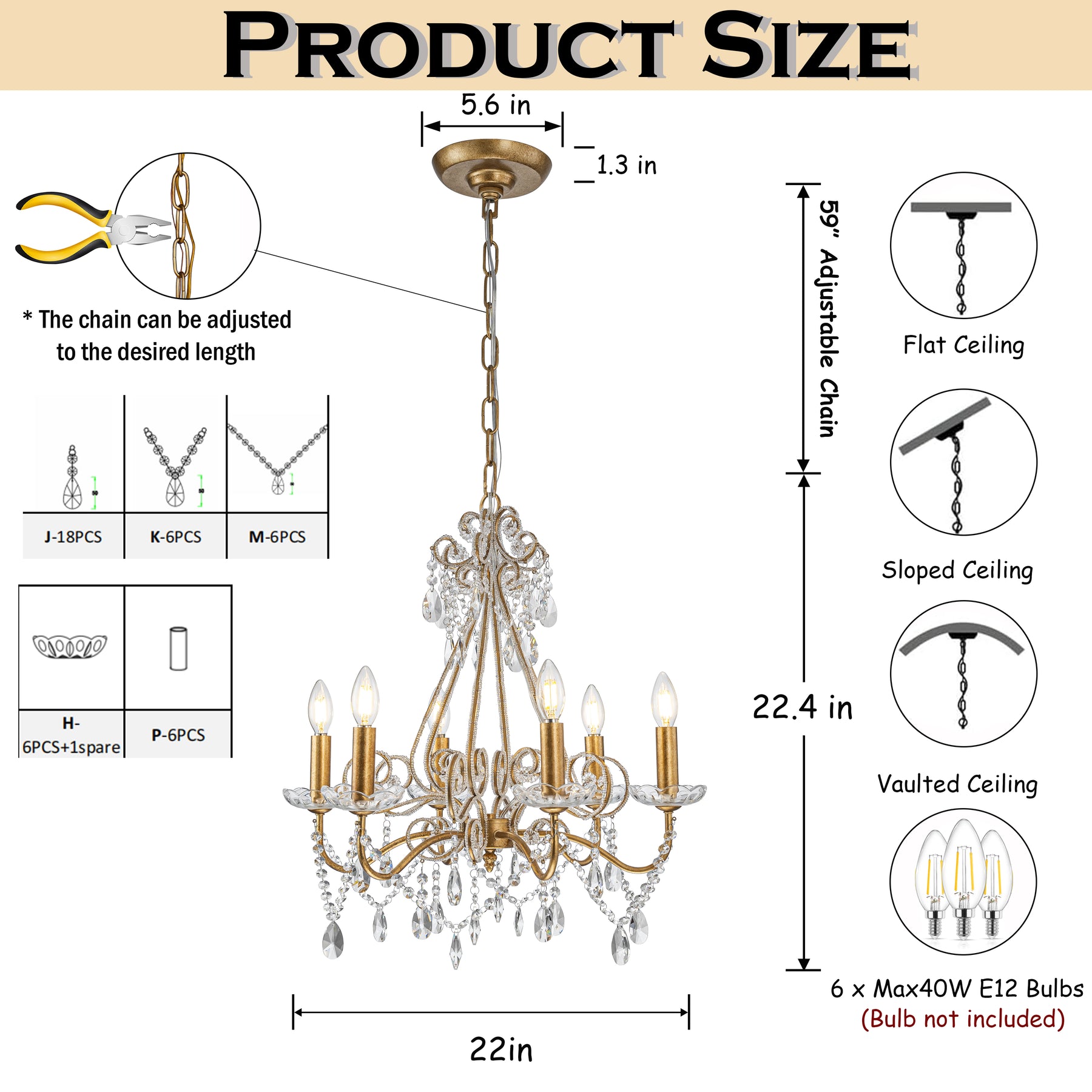 6-Lights Antique Gold Classic Candlestick Chandelier 22'' Mid-century French Style Pendant Light with Crystal Teardrop Beads
