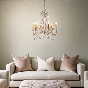 OpenBox 6-Lights Antique Gold Classic Candlestick Chandelier 22'' Mid-century French Style Pendant Light with Crystal Teardrop Beads