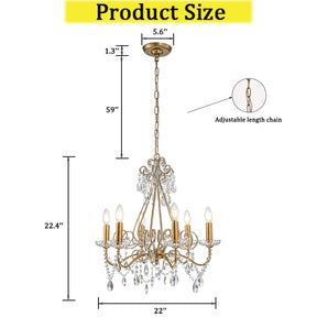 OpenBox 6-Lights Antique Gold Classic Candlestick Chandelier 22'' Mid-century French Style Pendant Light with Crystal Teardrop Beads