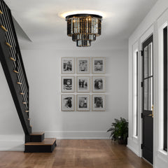 6-Lights Modern Matte Black 3-Tier Round Fringe Flush Mount Lighting with Smoke Crystal