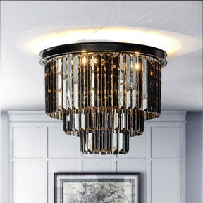 Modern Matte Black 3-Tier Round Fringe Flush Mount with Smoke Crystal