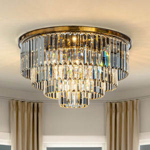 8-Lights Mid-Century Modern Antique Gold 4-Tier Round Fringe Crystal Flush Mount