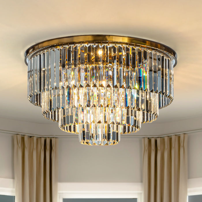 8-Lights Mid-Century Modern Antique Gold 4-Tier Round Fringe Crystal Flush Mount