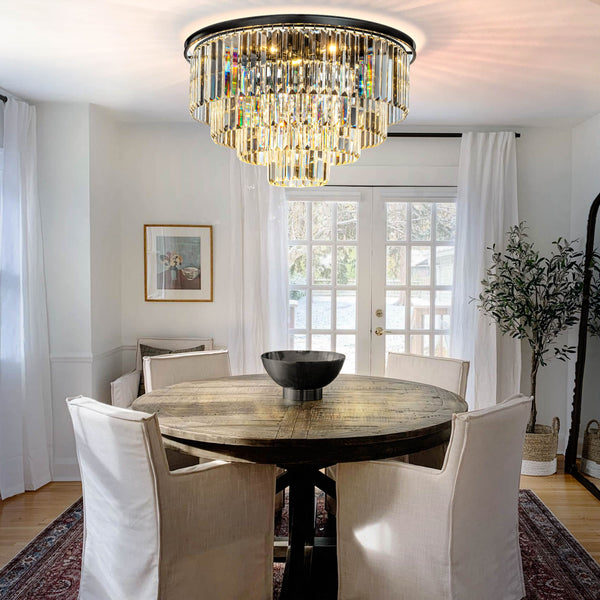 8-Lights Mid-Century Modern Matte Black 4-Tier Round Fringe Crystal Flush Mount