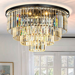 8-Lights Mid-Century Modern Matte Black 4-Tier Round Fringe Crystal Flush Mount
