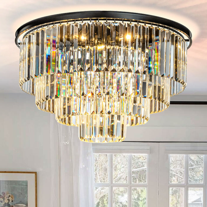 8-Lights Mid-Century Modern Matte Black 4-Tier Round Fringe Crystal Flush Mount