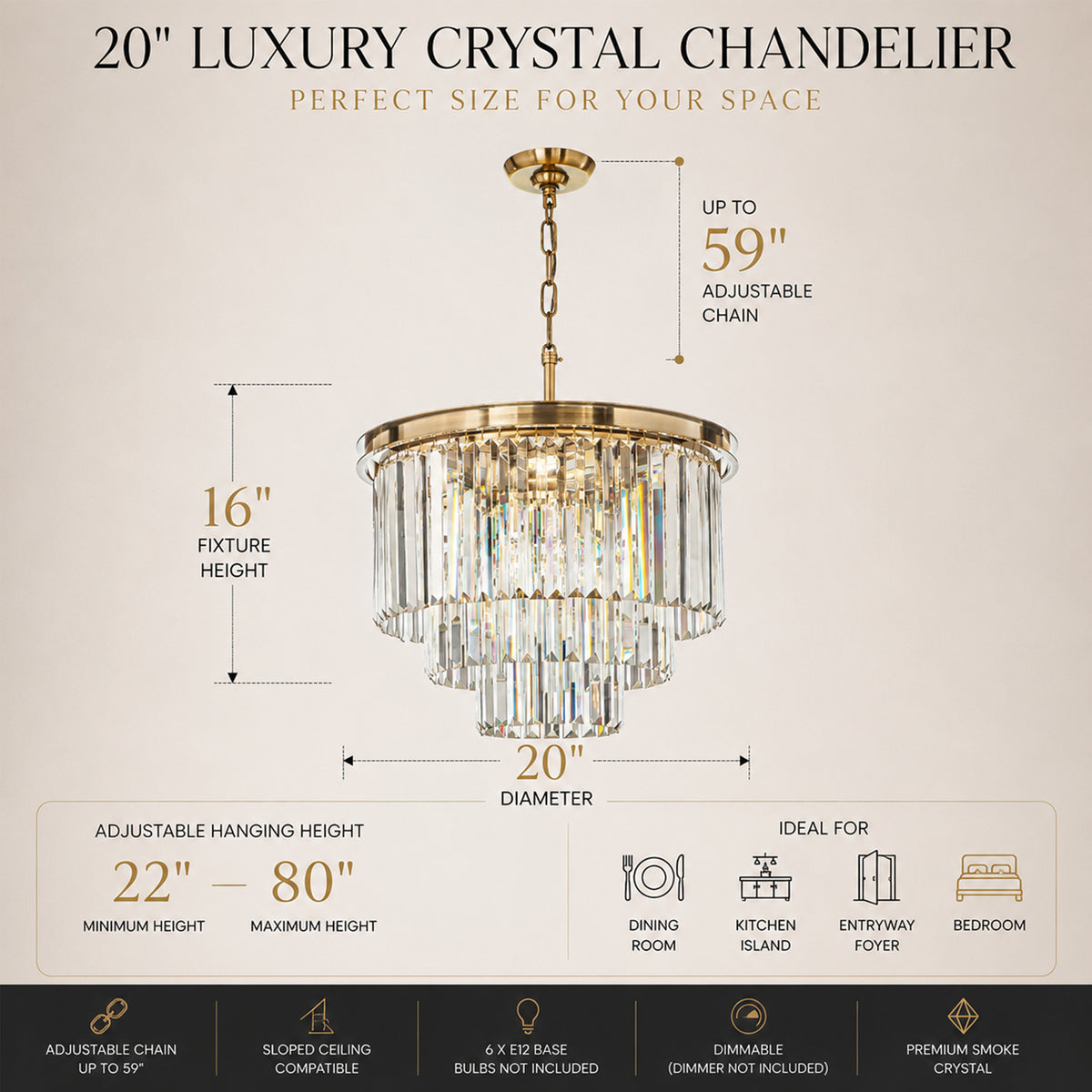 OpenBox 6-Lights Modern Antique Gold 3-Tier Round Crystal Fringe Chandelier
