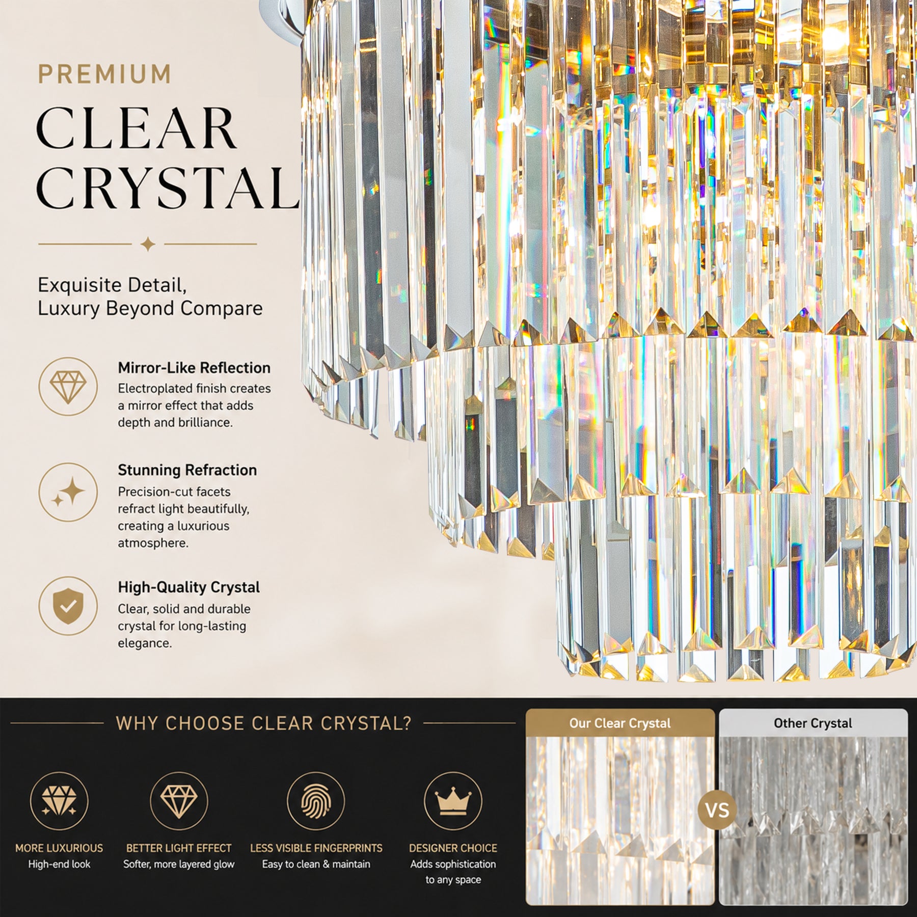 Mid-Century Modern Gold Fringe Crystal Chandelier