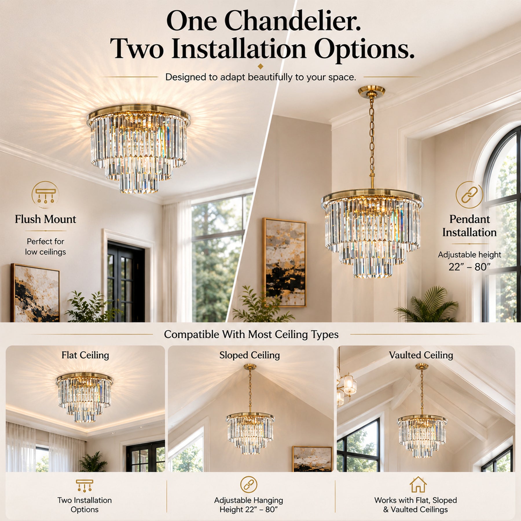Mid-Century Modern Gold Fringe Crystal Chandelier