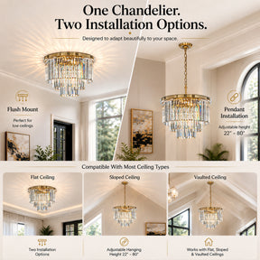 Mid-Century Modern Gold Fringe Crystal Chandelier