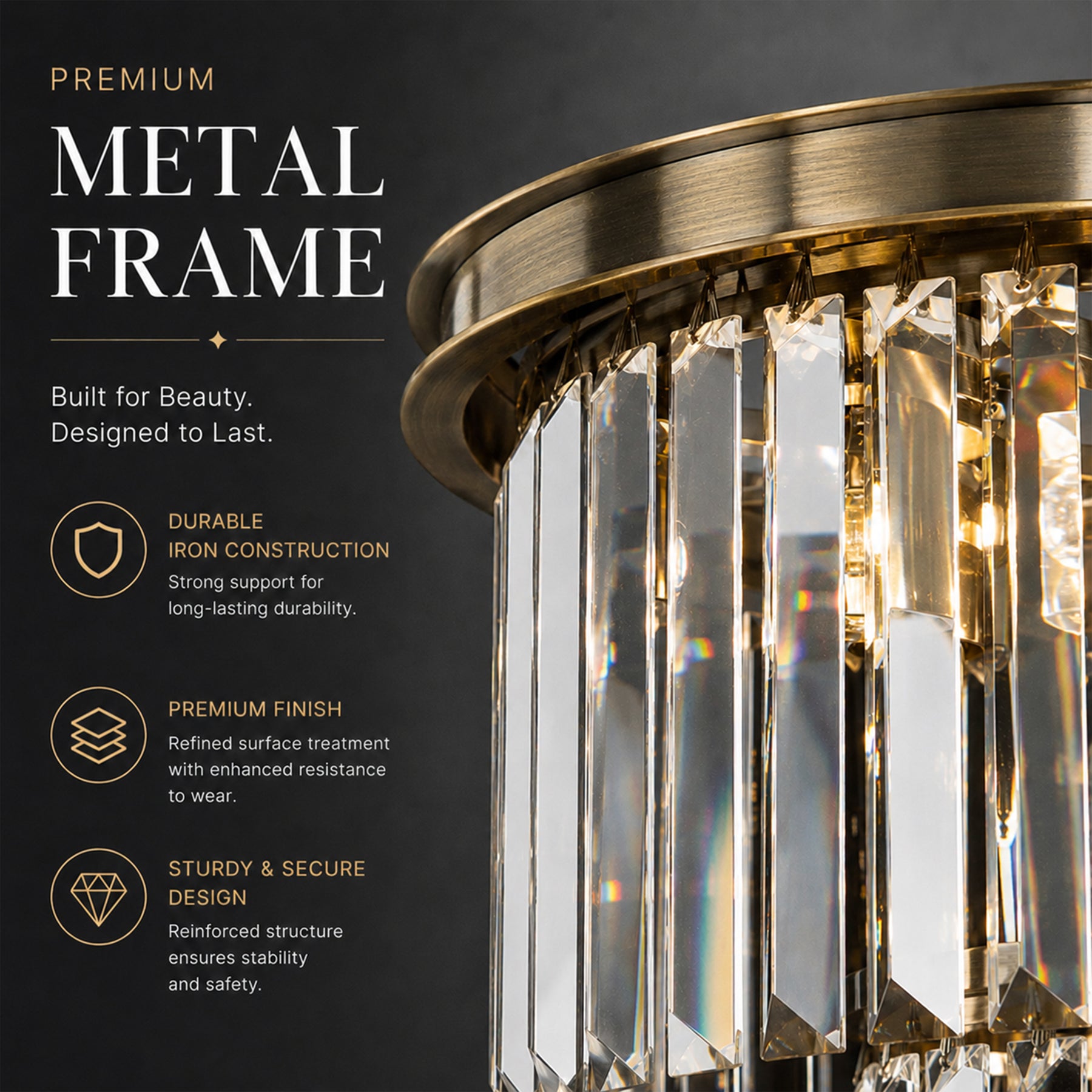 Mid-Century Modern Gold Fringe Crystal Chandelier