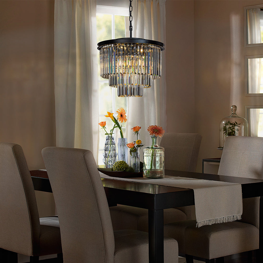 OpenBox 6-Lights Modern Matte Black 3-Tier Round Crystal Fringe Chandelier