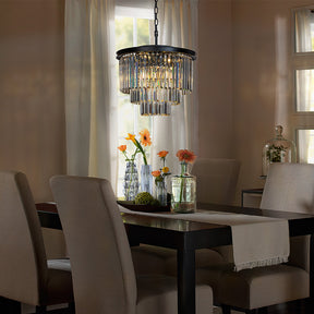 OpenBox 6-Lights Modern Matte Black 3-Tier Round Crystal Fringe Chandelier