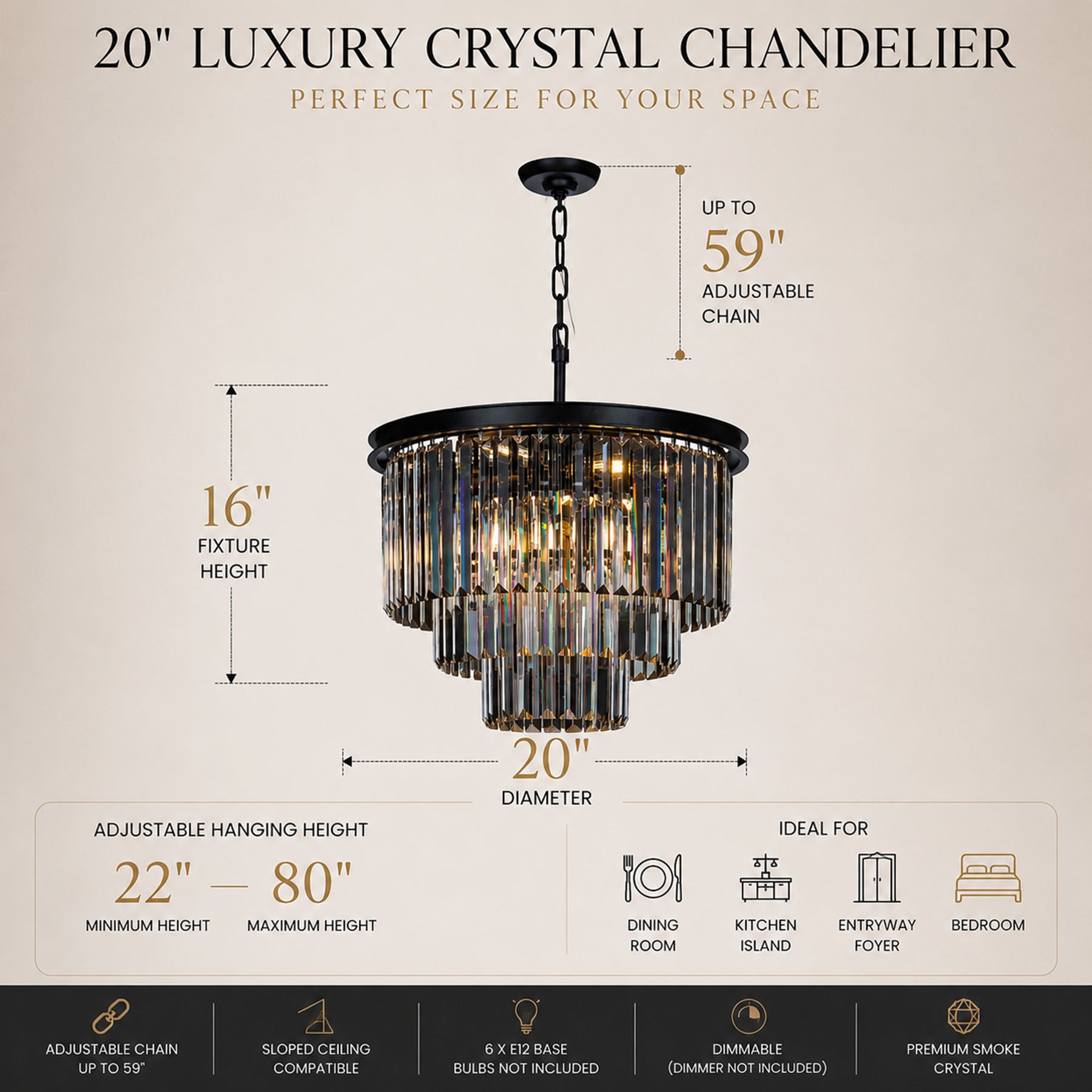 OpenBox 6-Lights Modern Matte Black 3-Tier Round Crystal Fringe Chandelier
