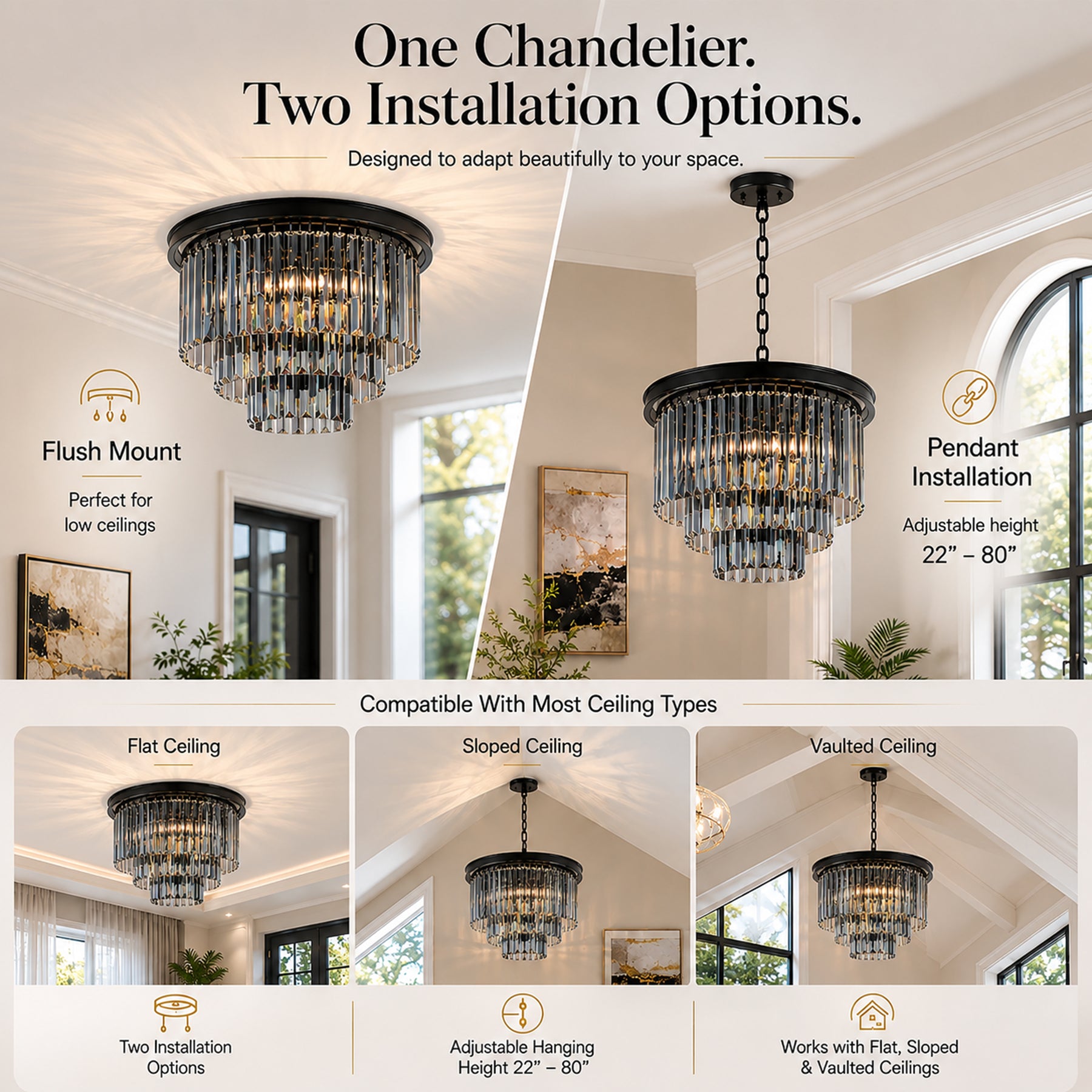 Modern and Contemporary Matte Black 3-Tier Fringe Crystal Chandelier