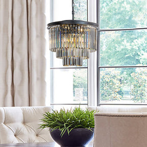 OpenBox 6-Lights Modern Matte Black 3-Tier Round Crystal Fringe Chandelier