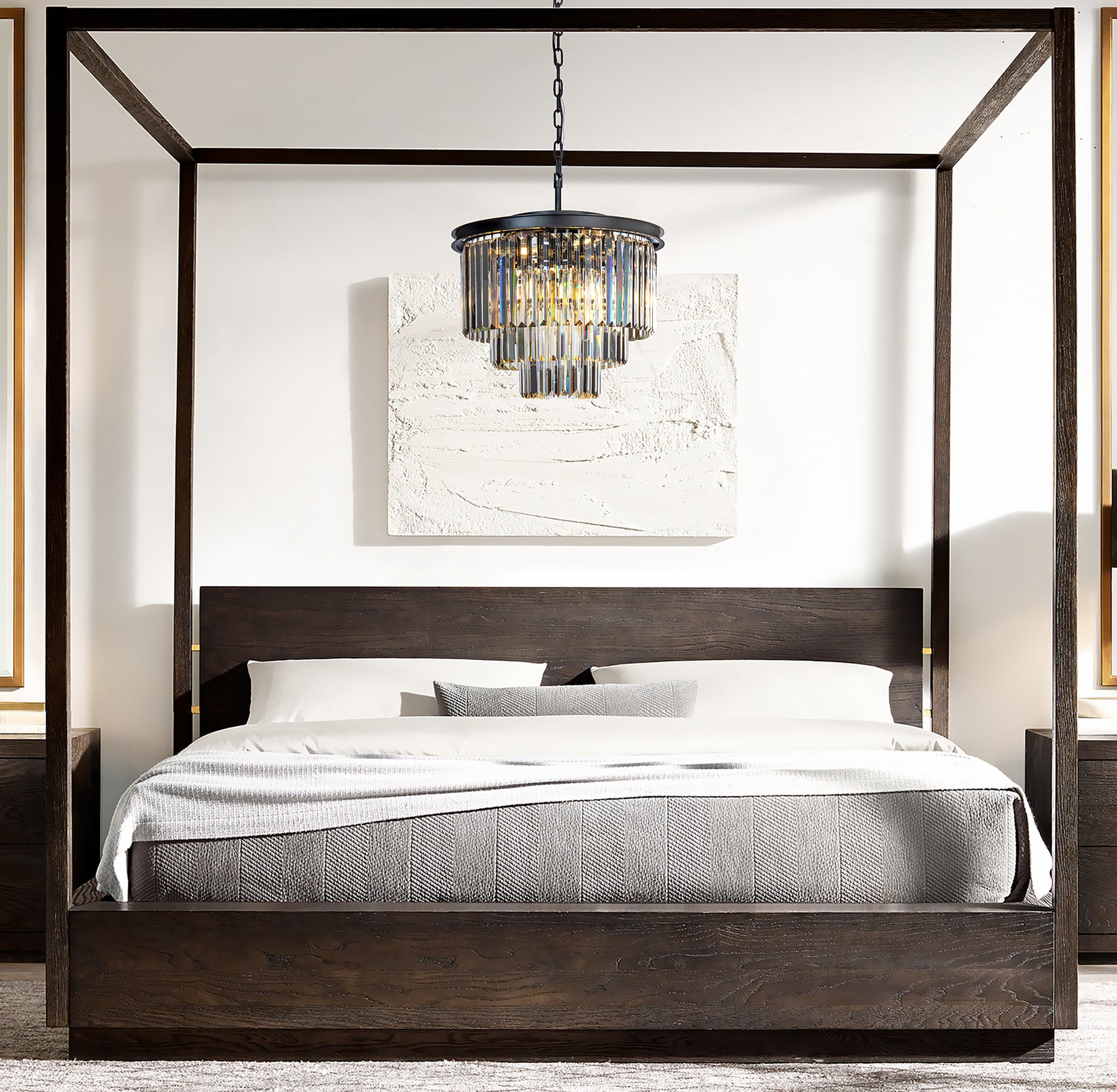 OpenBox 6-Lights Modern Matte Black 3-Tier Round Crystal Fringe Chandelier