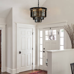 Matte Black 3-Tier Round Fringe Chandelier with Smoke Crystal