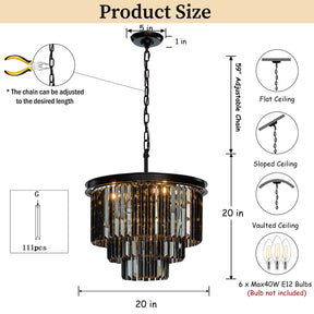 Matte Black 3-Tier Round Fringe Chandelier with Smoke Crystal