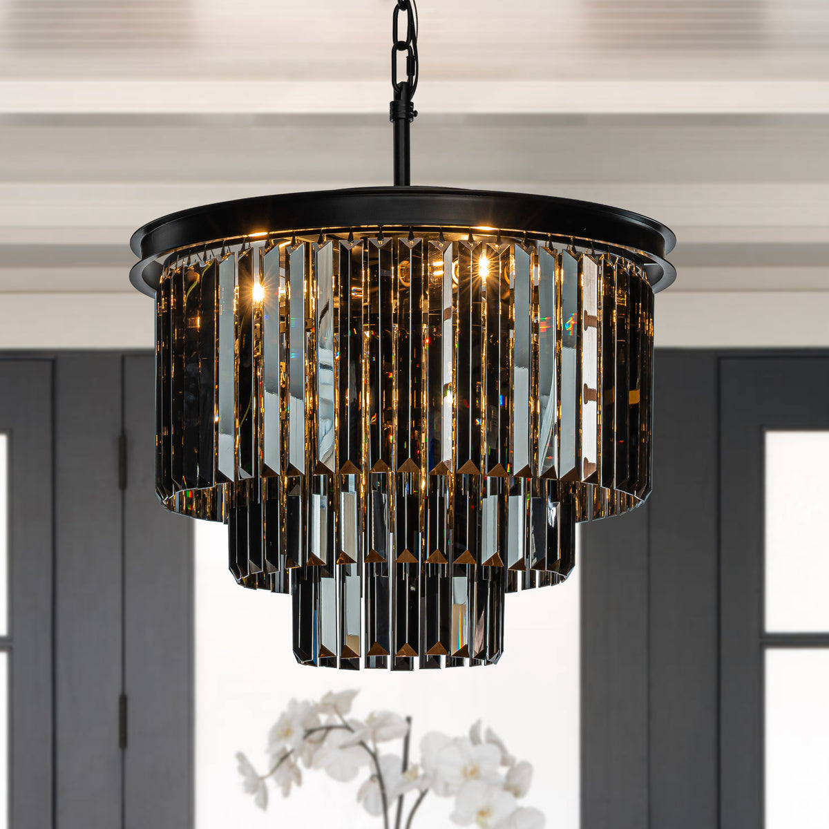 Matte Black 3-Tier Round Fringe Chandelier with Smoke Crystal