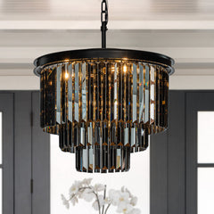 6-Lights Modern Matte Black 3-Tier Round Fringe Chandelier with Smoke Crystal
