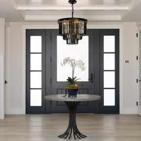 Matte Black 3-Tier Round Fringe Chandelier with Smoke Crystal