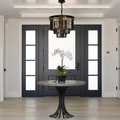 6-Lights Modern Matte Black 3-Tier Round Fringe Chandelier with Smoke Crystal